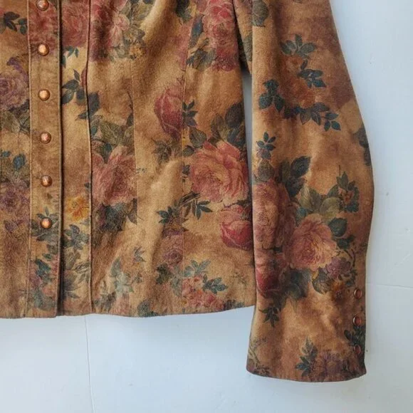 Leather Suede Jacket Cottagecore Romantic Floral Snap Down Vintage - Picture 5 of 16